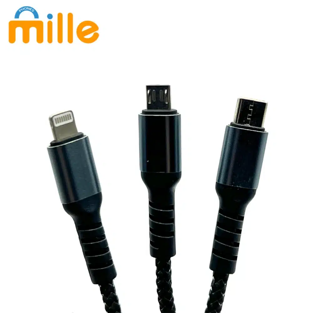 Câble HM Plus+ 3-en-1 – Charge Rapide PD-30 | Tressage Nylon Ultra Résistant | USB-C, Lightning & Micro USB